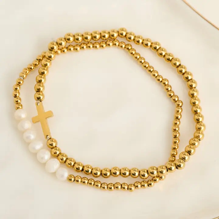 Narelle Waterproof Pearl and Cross Stretch Bracelet Set