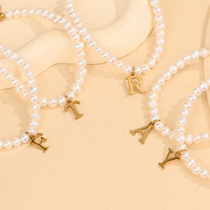 Golden Pearl Initial Letter Bracelet - D