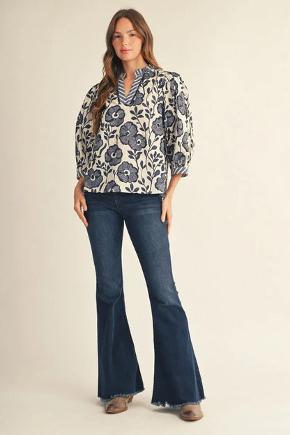 Ruffled Neckline V-Neck Floral Top
