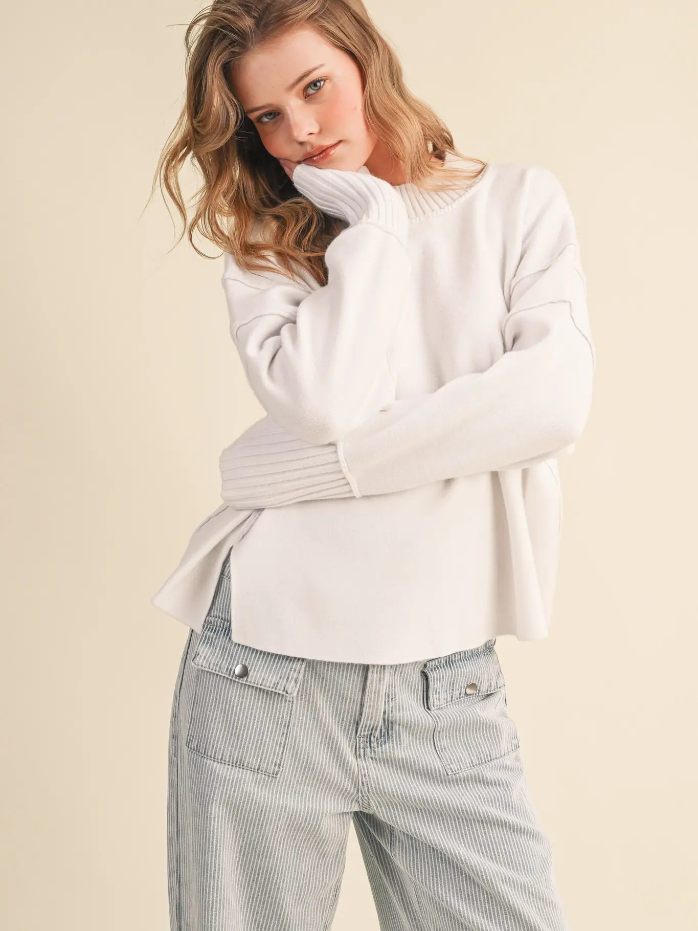 Drop Shoulder Long Sleeve Ribbed Sweater