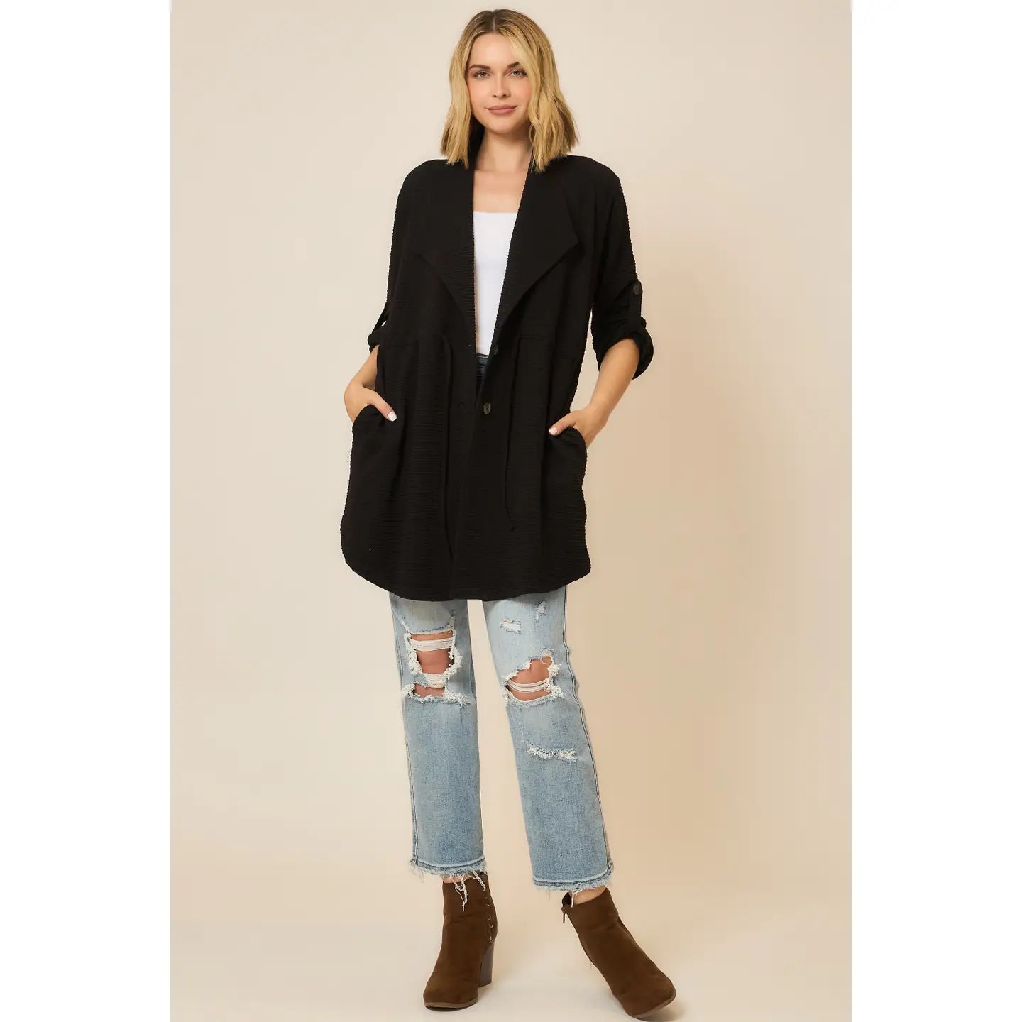 Crinkle Rib Texture Fold Sleeve Jacket