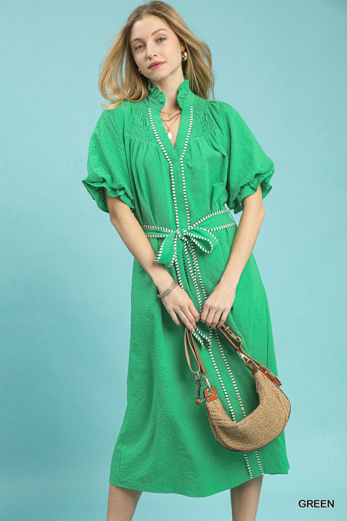 Ruffle Collar Midi Dress with Stripe Trim