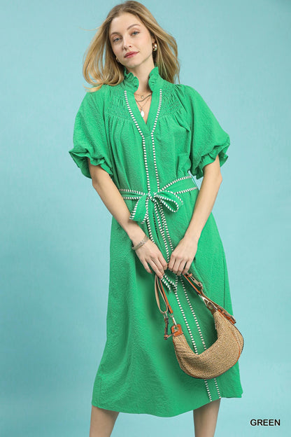 Ruffle Collar Midi Dress with Stripe Trim