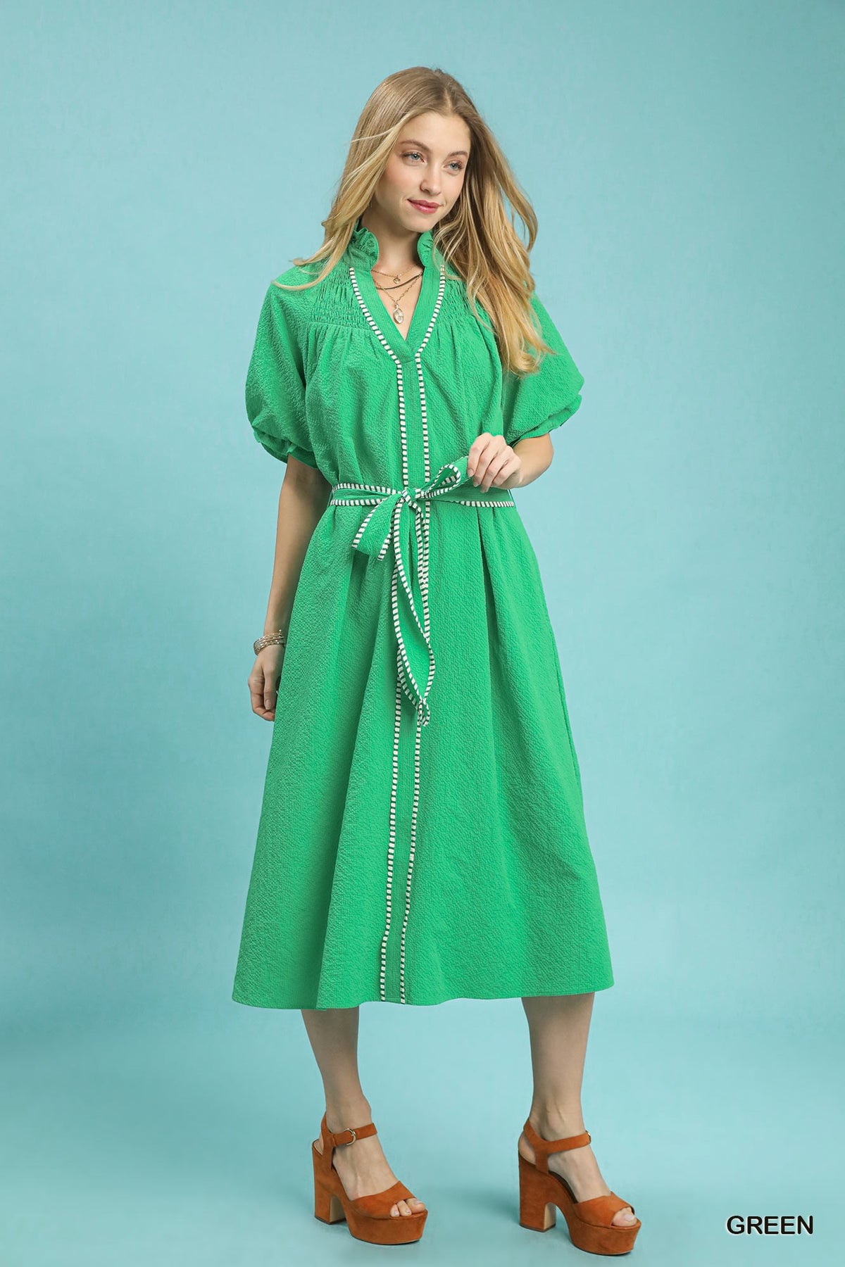 Ruffle Collar Midi Dress with Stripe Trim