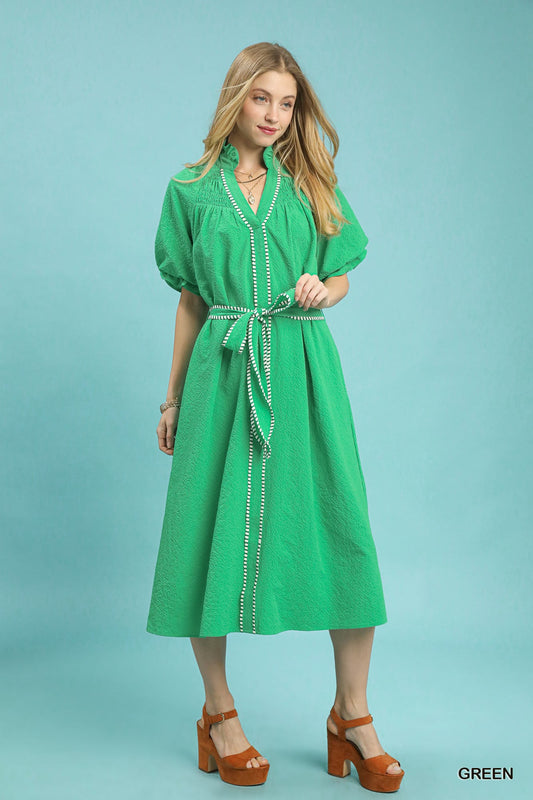 Ruffle Collar Midi Dress with Stripe Trim