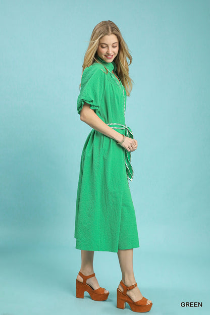Ruffle Collar Midi Dress with Stripe Trim