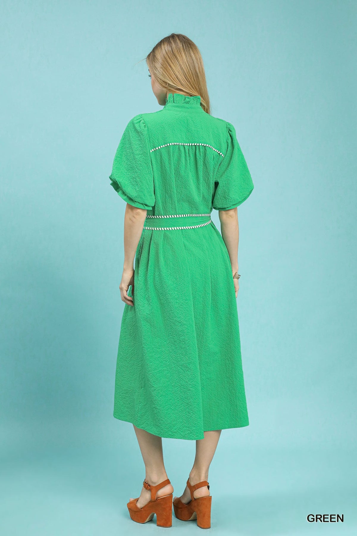 Ruffle Collar Midi Dress with Stripe Trim