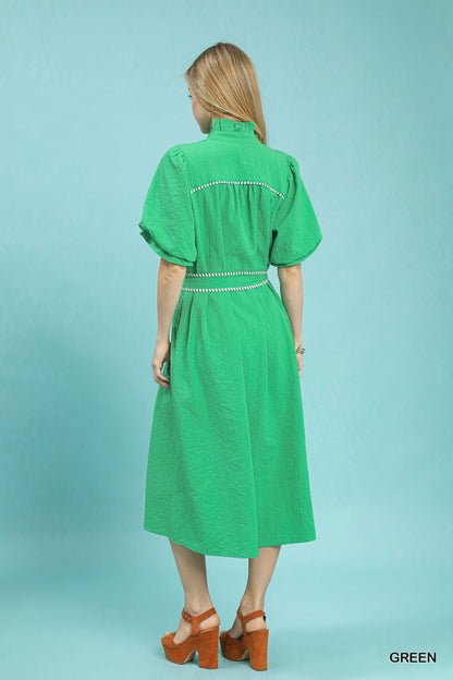 Ruffle Collar Midi Dress with Stripe Trim