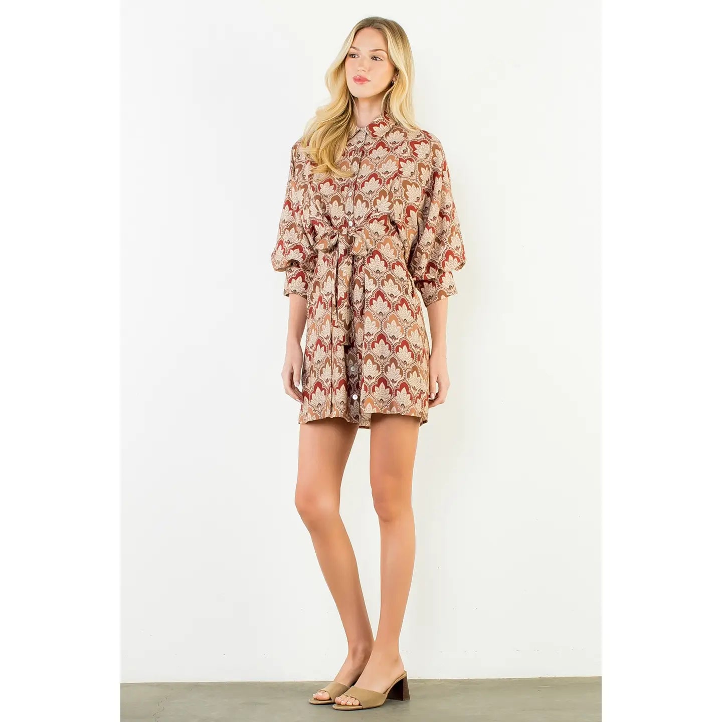 Long Sleeve Pattern Button Down Dress