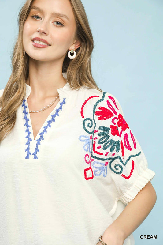 Embroidered Split Neck Top