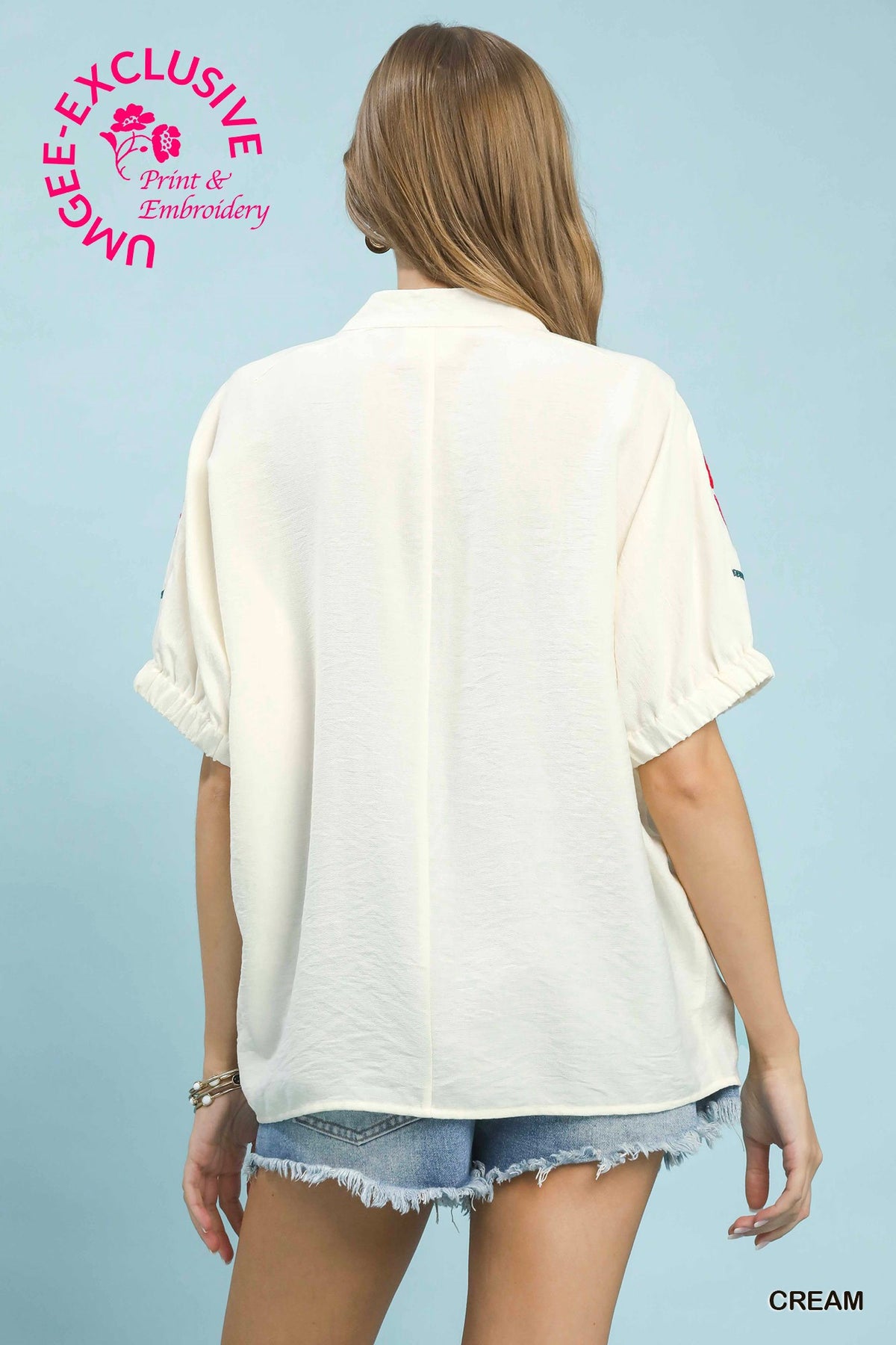 Embroidered Split Neck Top