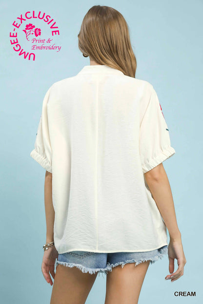 Embroidered Split Neck Top