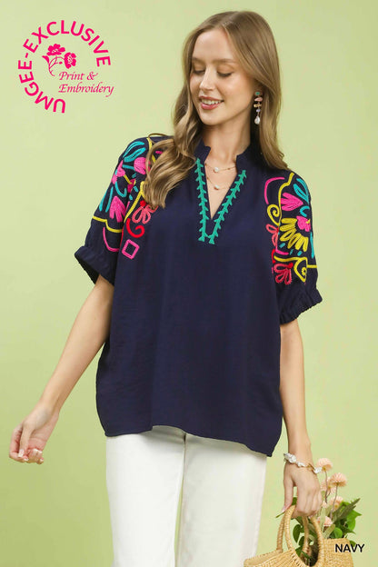 Embroidered Split Neck Top