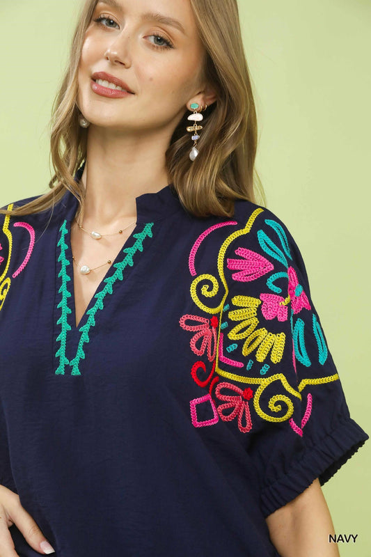 Embroidered Split Neck Top