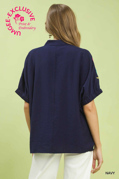 Embroidered Split Neck Top