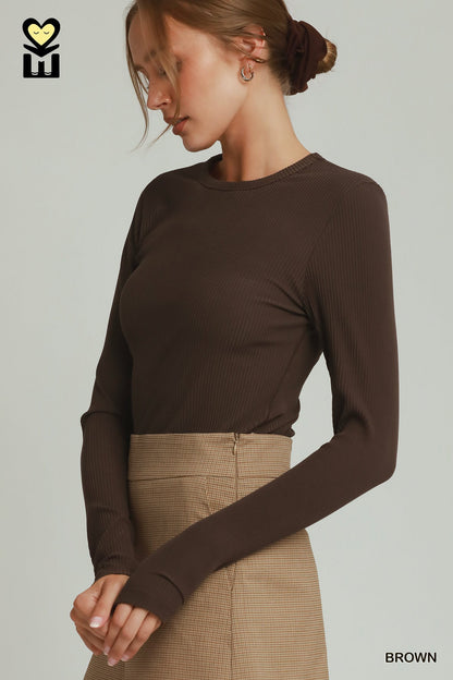 Brushed Rib Long Sleeve Knit Top | 2 Colors Available