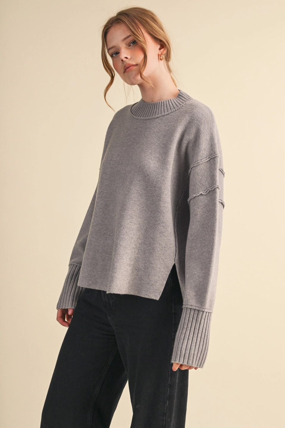 Drop Shoulder Long Sleeve Ribbed Sweater