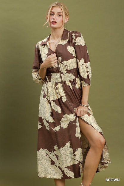 Floral Print Smocked Waist Zip Front Midi Dress