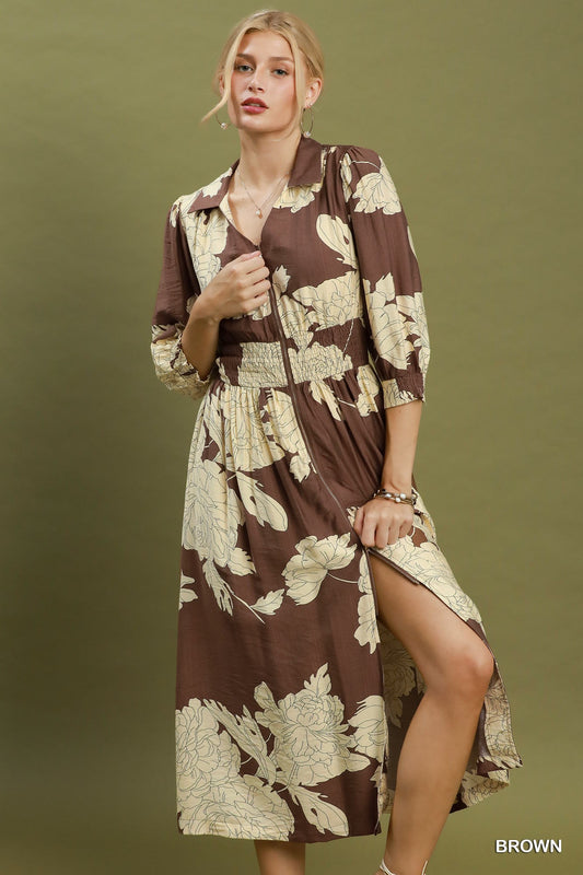 Floral Print Smocked Waist Zip Front Midi Dress