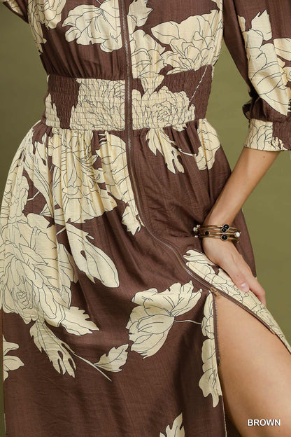 Floral Print Smocked Waist Zip Front Midi Dress