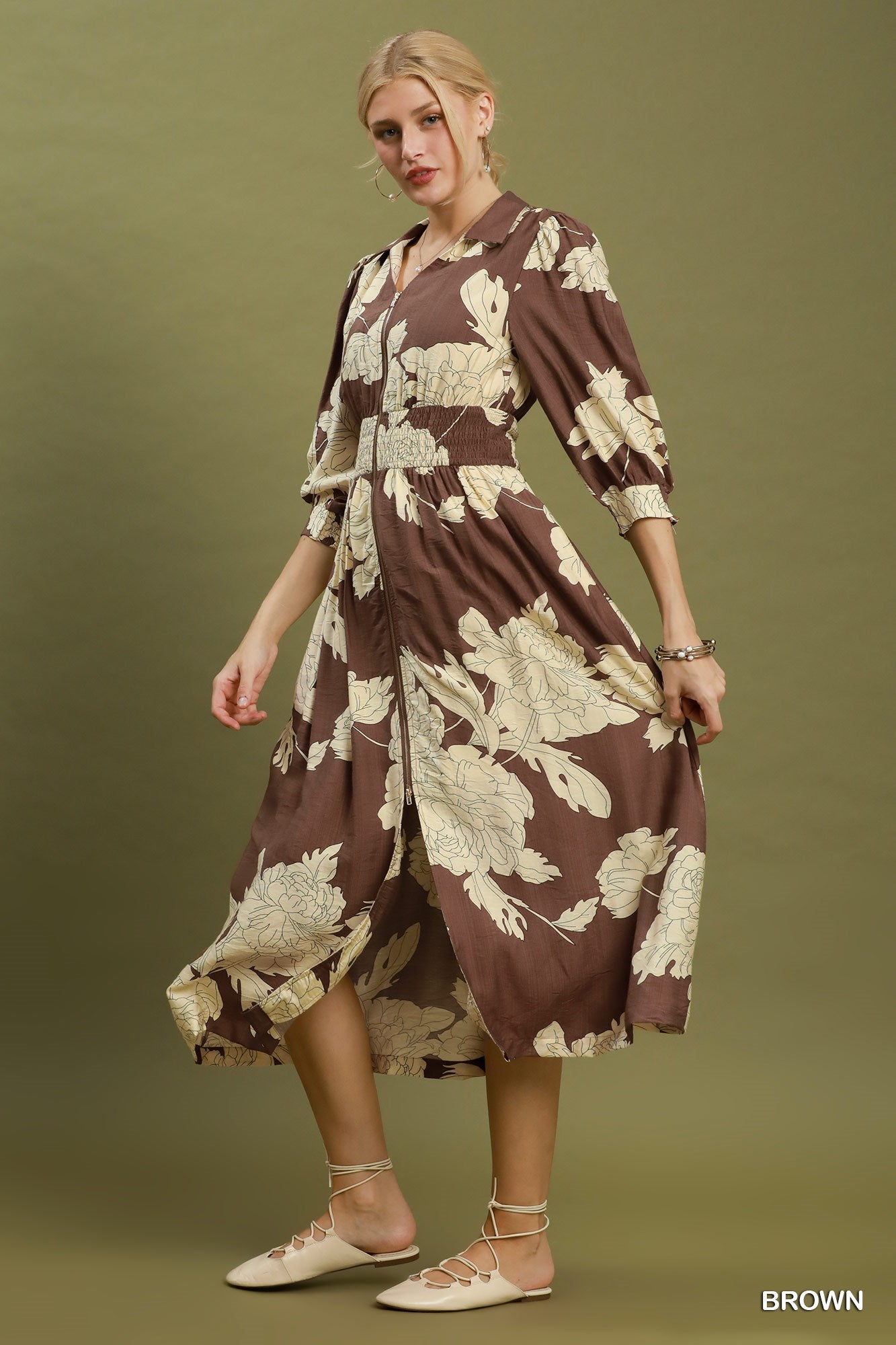 Floral Print Smocked Waist Zip Front Midi Dress