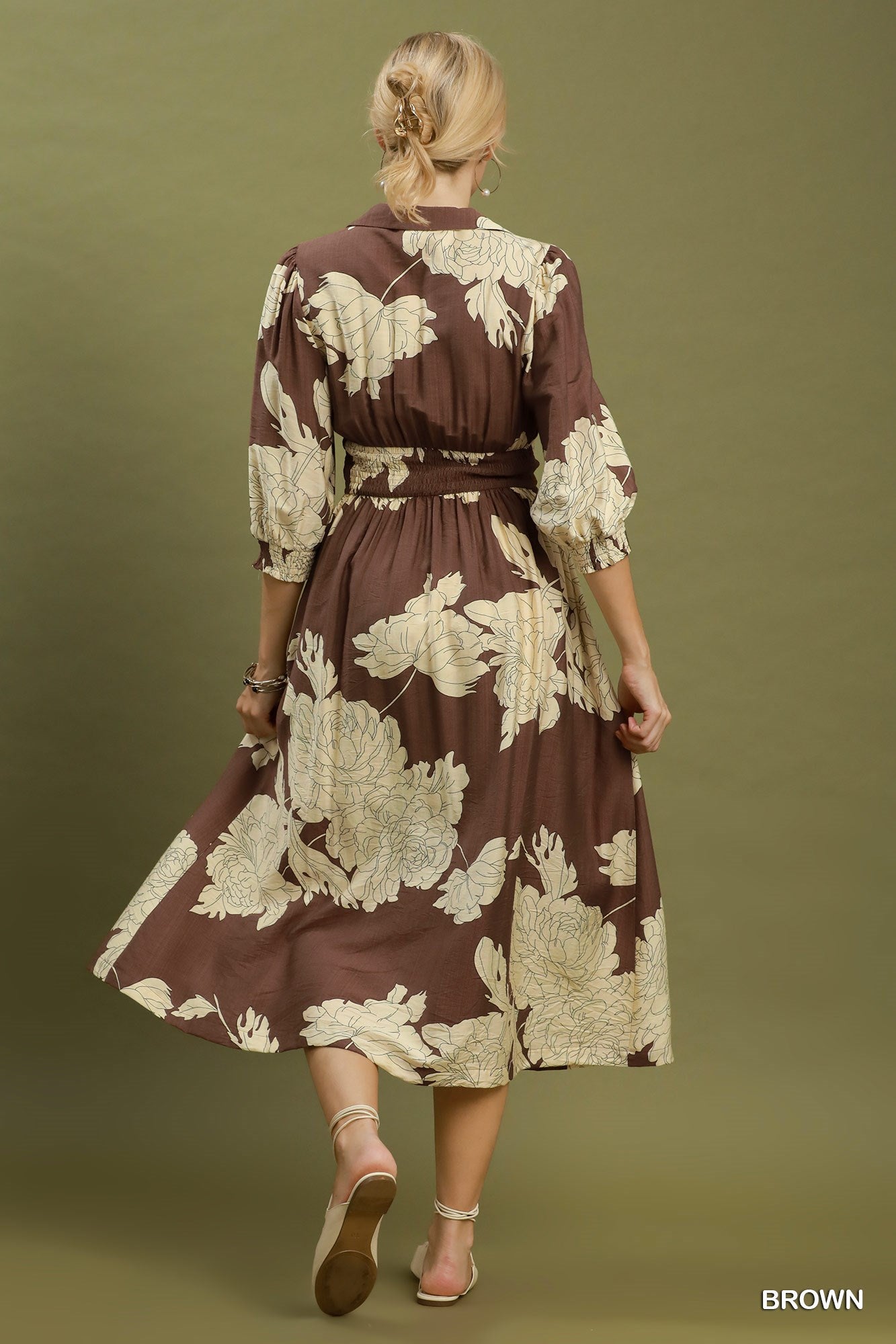 Floral Print Smocked Waist Zip Front Midi Dress
