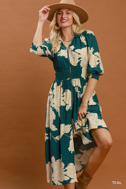 Floral Print Smocked Waist Zip Front Midi Dress