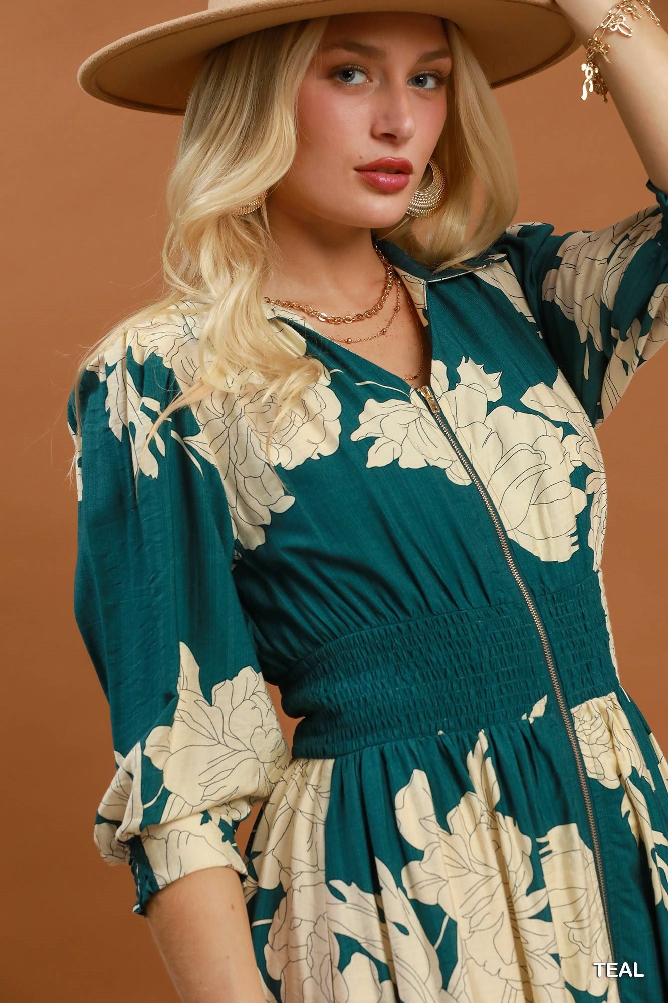 Floral Print Smocked Waist Zip Front Midi Dress