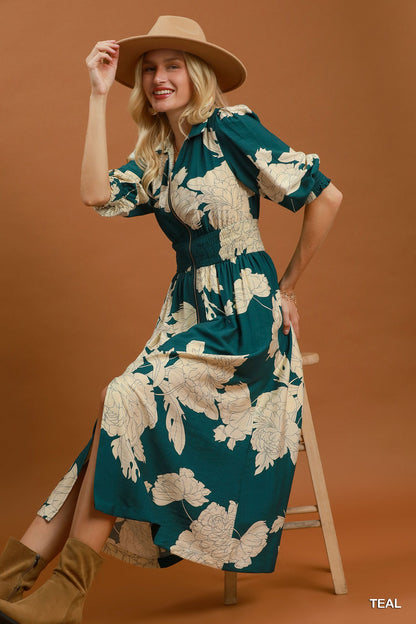 Floral Print Smocked Waist Zip Front Midi Dress