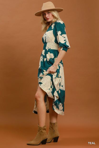 Floral Print Smocked Waist Zip Front Midi Dress