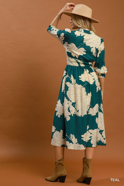 Floral Print Smocked Waist Zip Front Midi Dress