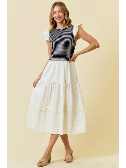 Cotton Poplin Tiered Dress with Ruffle Sleeve