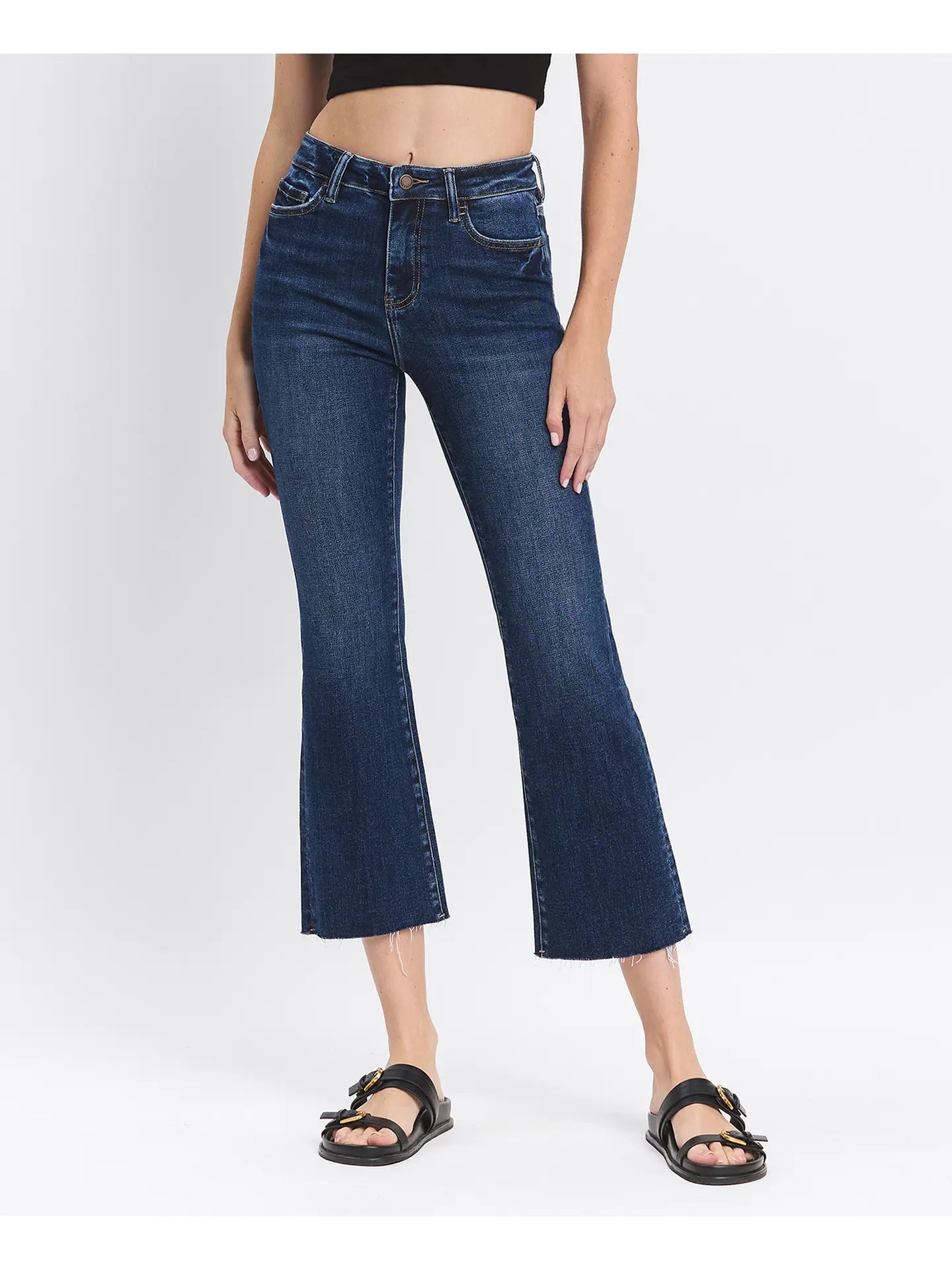 High Rise Clean Cut Raw Hem Kick Flare Jeans