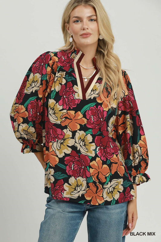 Floral Print Contrast Trim Ruffle Sleeve Blouse