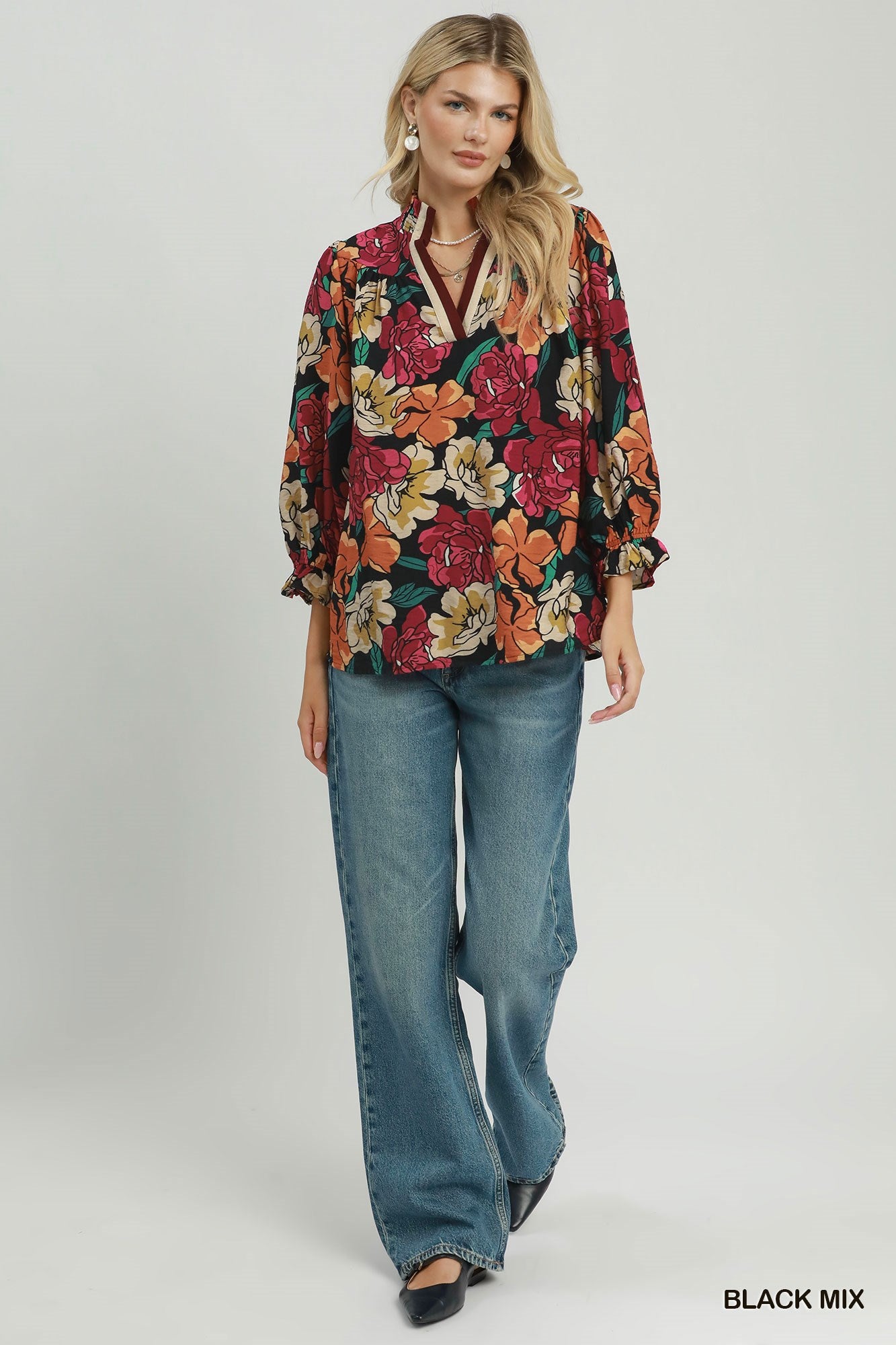 Floral Print Contrast Trim Ruffle Sleeve Blouse
