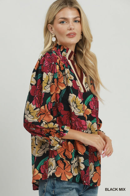 Floral Print Contrast Trim Ruffle Sleeve Blouse