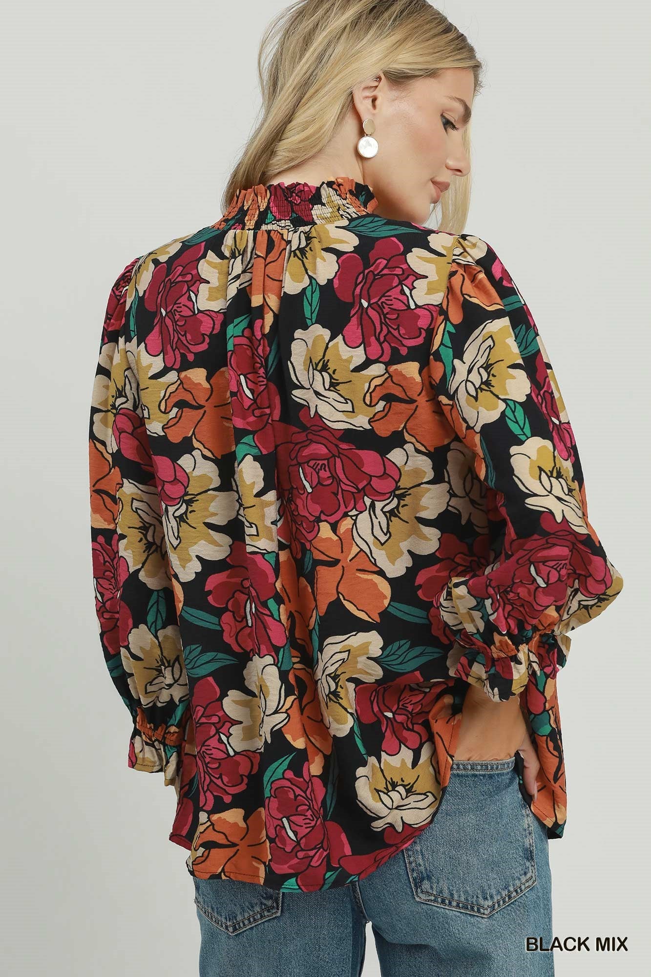 Floral Print Contrast Trim Ruffle Sleeve Blouse