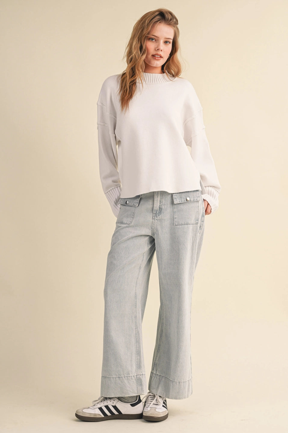 Drop Shoulder Long Sleeve Ribbed Sweater