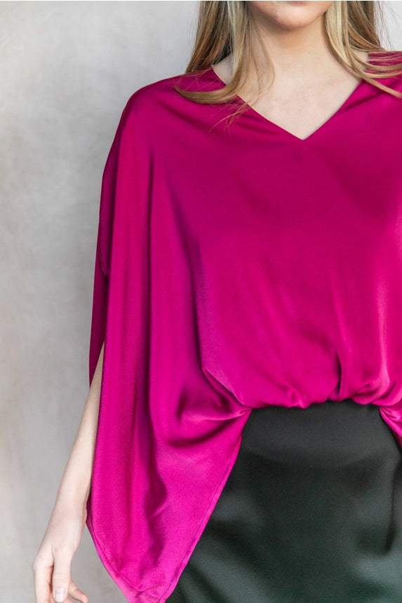Satin Solid V-Neck Front Waist Elastic Flowy Top