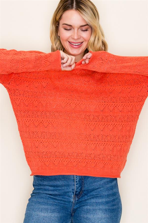 Long Sleeve Wide Neck Crochet Like Sweater