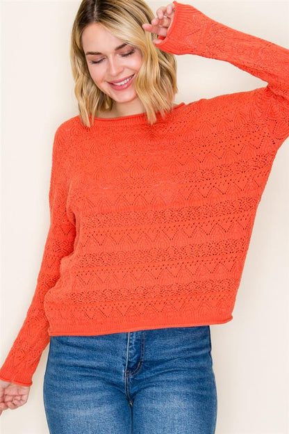 Long Sleeve Wide Neck Crochet Like Sweater