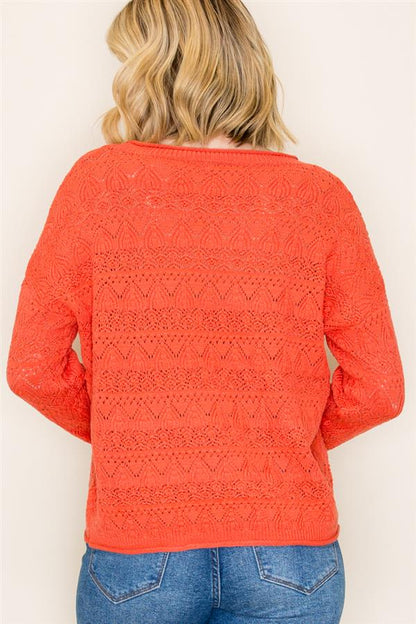 Long Sleeve Wide Neck Crochet Like Sweater