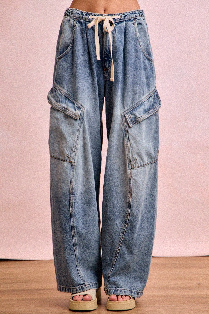 Baggy Barrel Denim Pants with Cargo Pockets