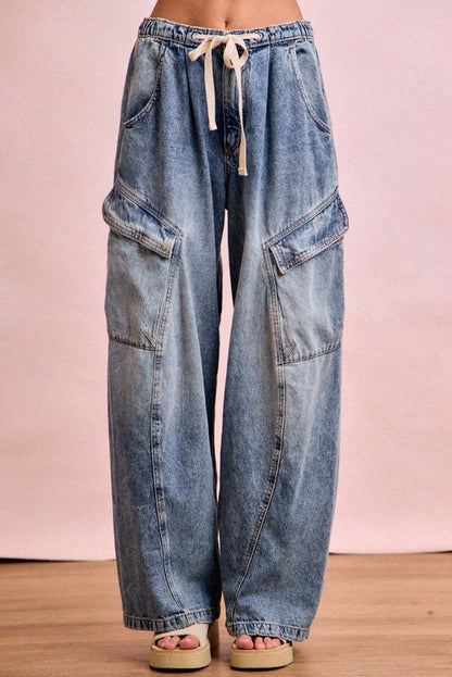 Baggy Barrel Denim Pants with Cargo Pockets