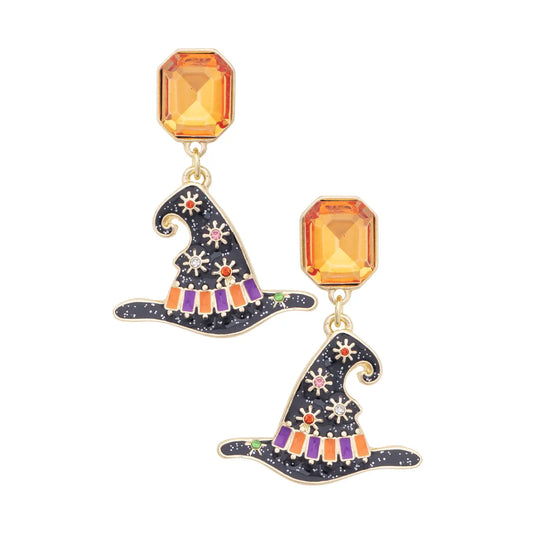 Rhinestone Witch Hat Enamel Drop Earrings