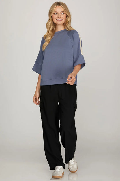 Half Sleeve Knit Top with Contrast Tape