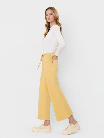 High Rise Drawstring Color Crop Wide Leg Jeans