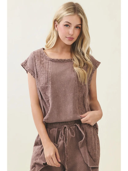 Mineral Washed Eyelet Patch Cap Sleeve Blouse Top