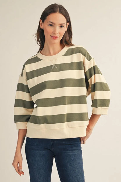 Olive 3/4 Sleeve Bold Stripe Top