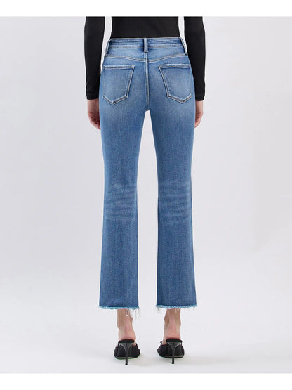 High Rise Uneven Raw Hem Slim Straight Jeans